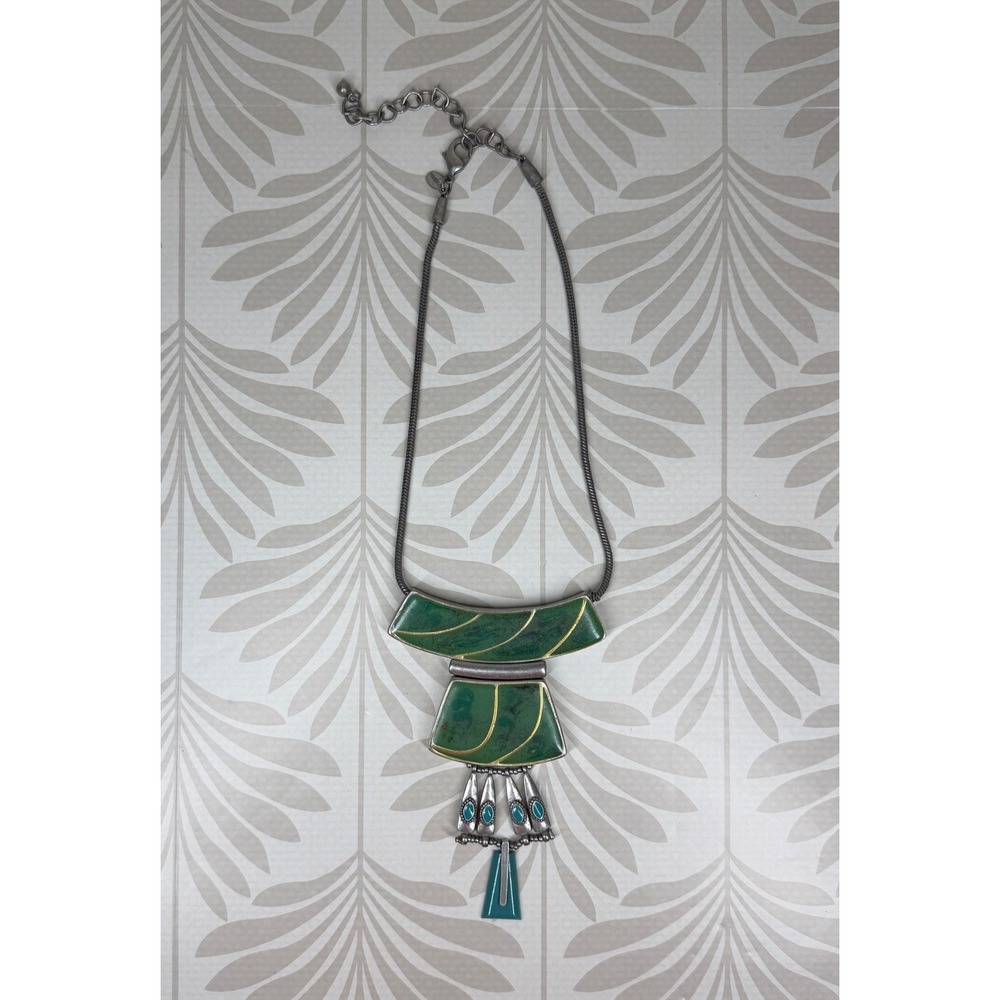 Vintage Chicos Green Statement Necklace Silver Tone Tiered Bib Turquoise Boho